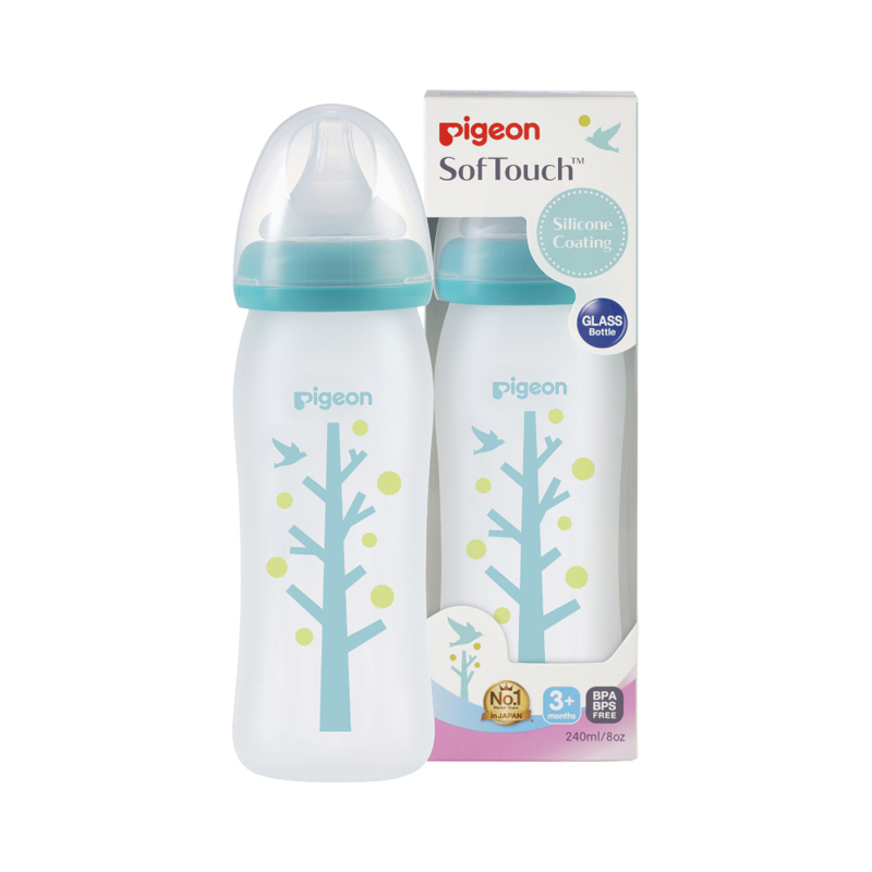 Bình sữa thủy tinh bọc silicone cây xanh 240ml (mới) cổ rộng 2020